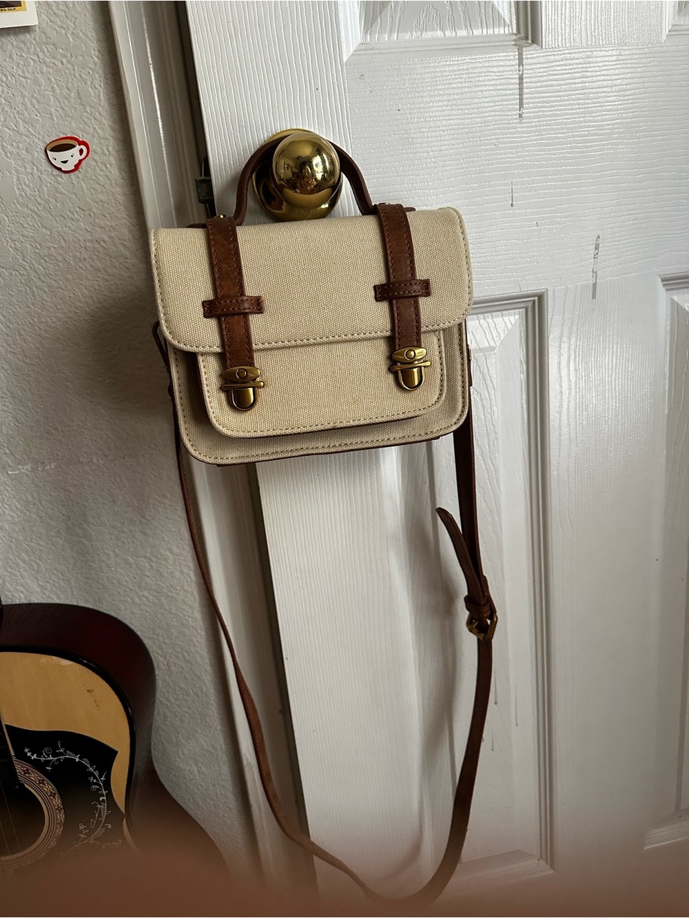 Brandy Melville Cream and Brown Canvas Crossbody Satchel